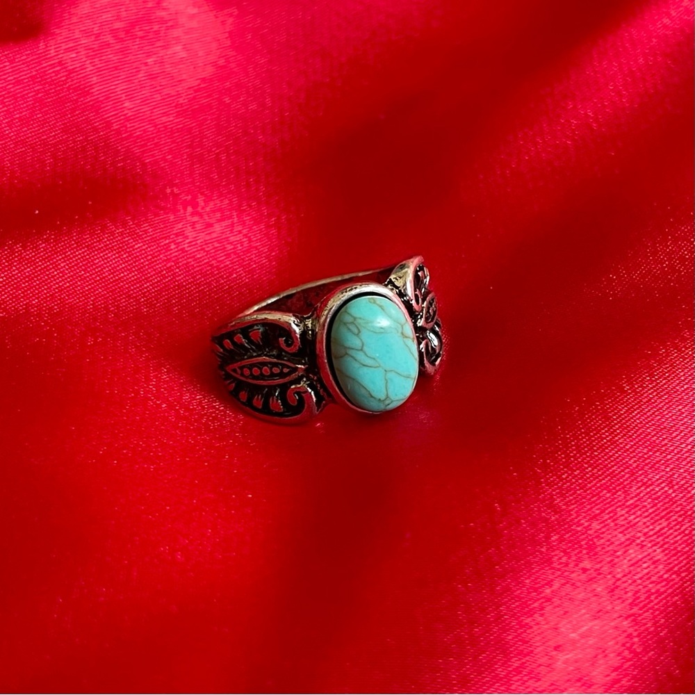 Turquoise Statement Costume Ring Silver Metal Ste… - image 1